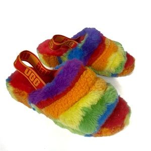 Ugg Women’s Size 6 Slipper Sandals Fluff Yeah Slide Cali Collage Rainbow
